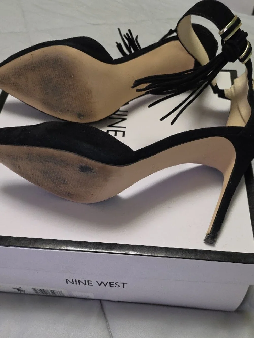 Nine West Black Suede Pointed Ankle-Strap Stiletto Heels with Tassel Detail